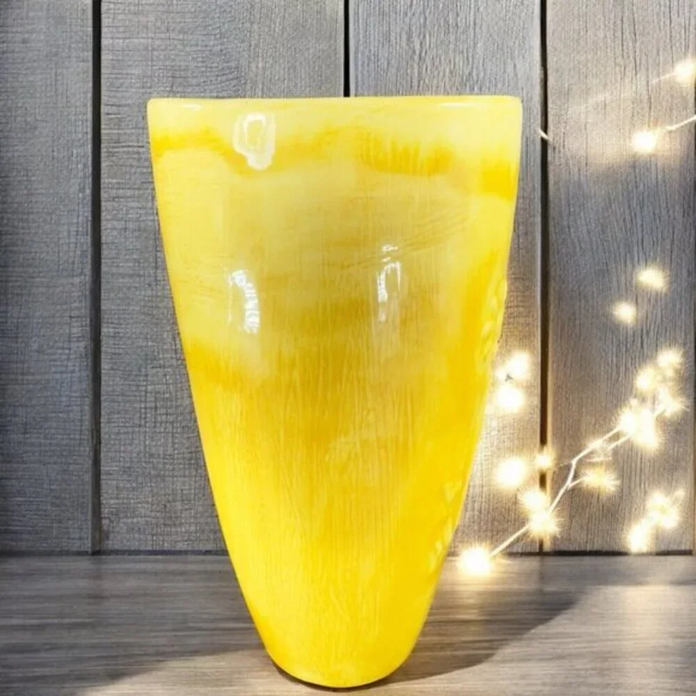 Antique Tall Yellow Pottery Vase‎ Embossed Flower USA Hand Made Vase Vessel VTG